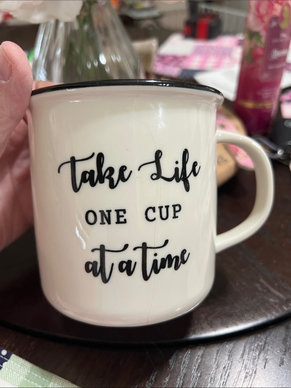 New Holiday Time Cream Ceramic Mug with Black Script and Rim candle
